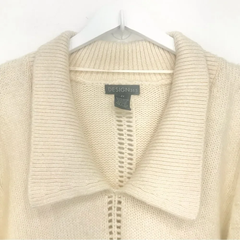 Design 365 Cream Cozy Puff Sleeve Collared Pullover Thick Knit Sweater